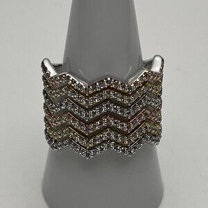 JCL Tri-Color Sterling Siver and CZ 6 Row Z Chevron Ring - Size 9 - Preowned
